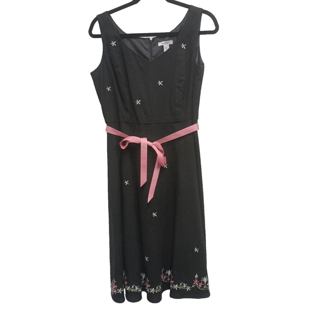 Dressbarn Womens Midi Dress 12 Black Embroidered Floral Linen Blend‎ Sleeveless